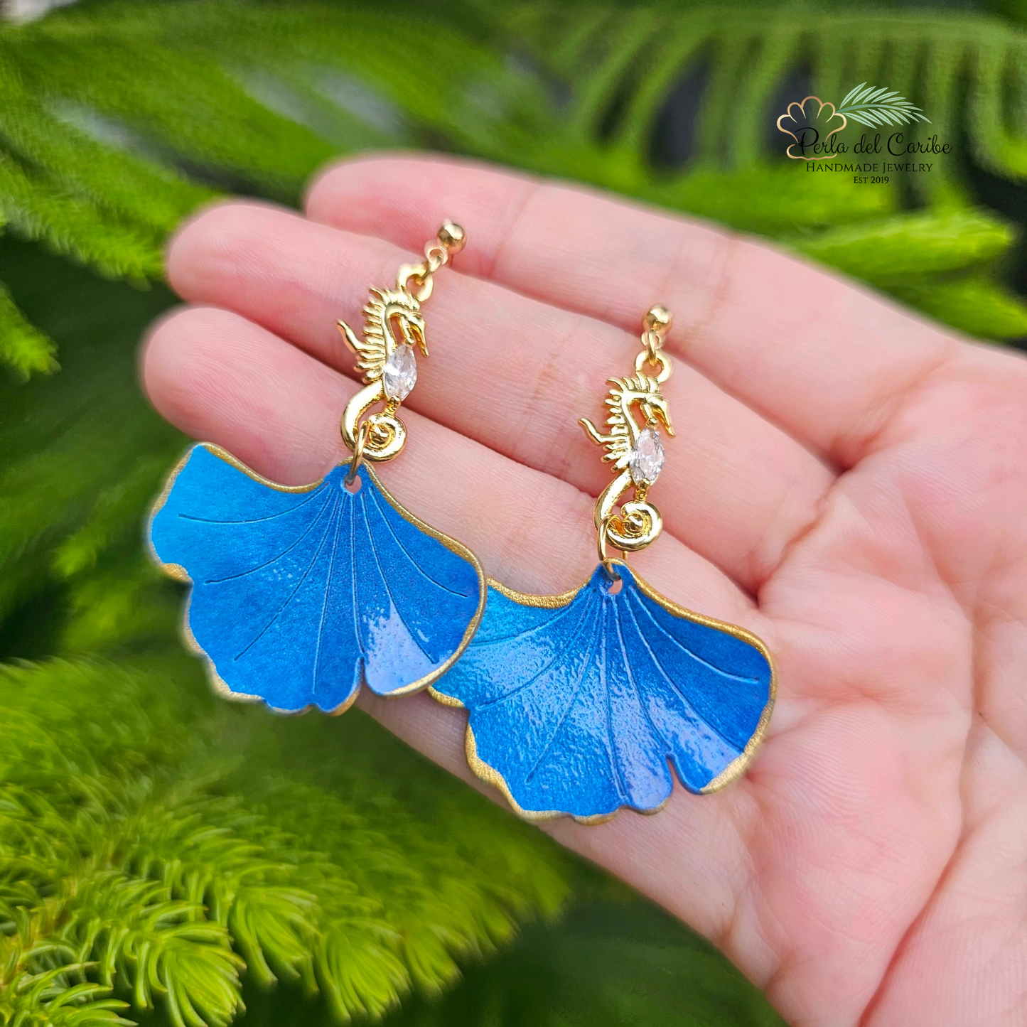 Seahorse Blue Leaf Earrings