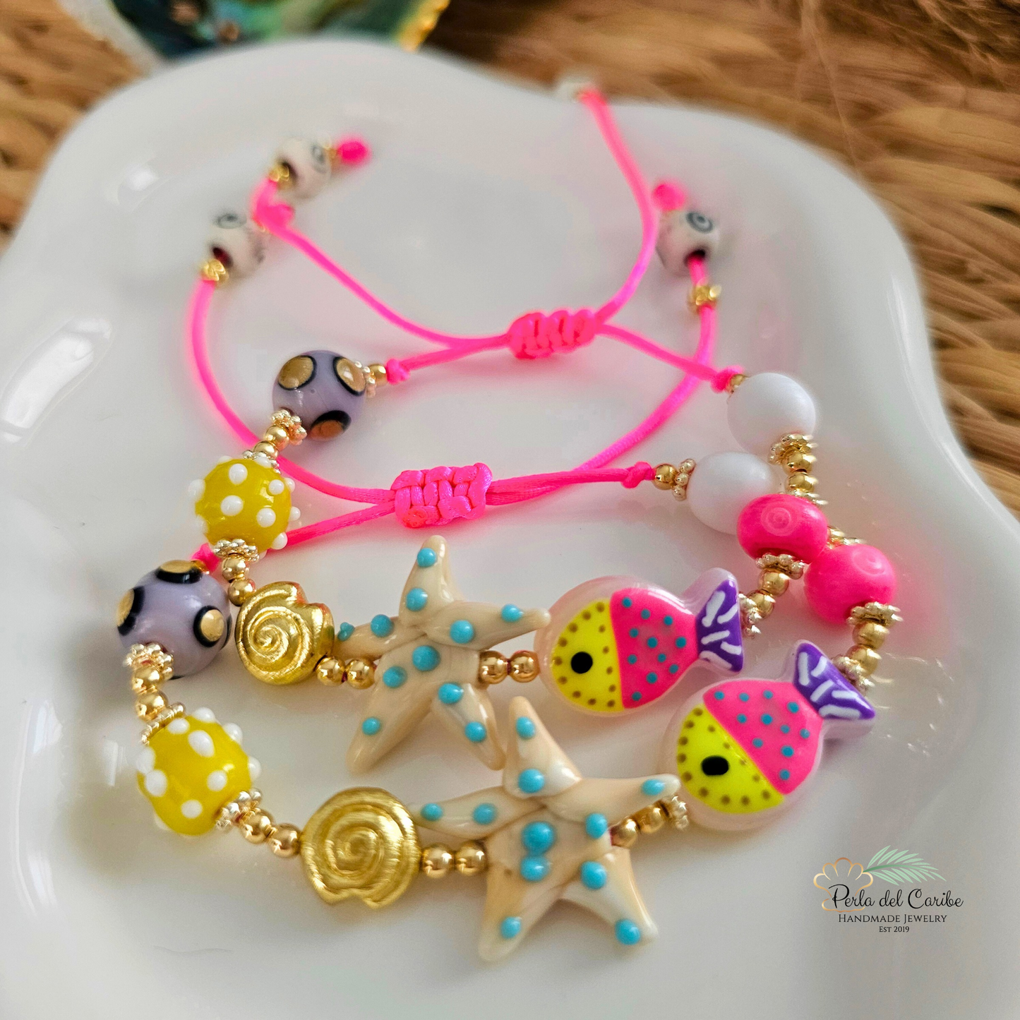 Beige Starfish & Neon Fish Bracelet