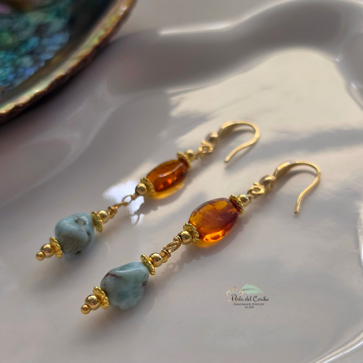 Larimar & Amber Earrings