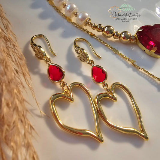 Red Stone Dangling Heart Earrings