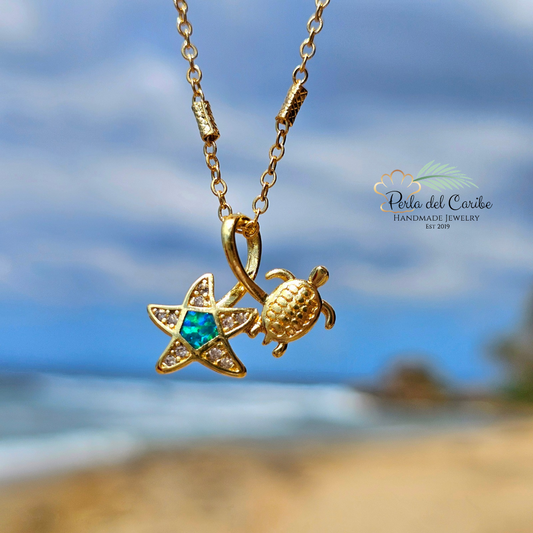 Opal Starfish & Sea Turtle Pendant