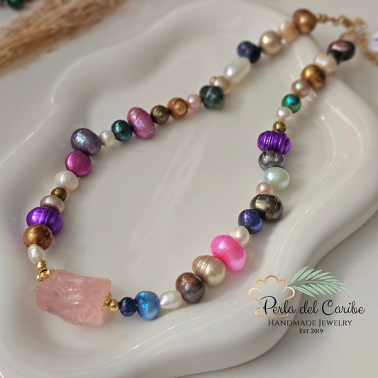 Rose Quartz Multi-Colored Pearls Necklace