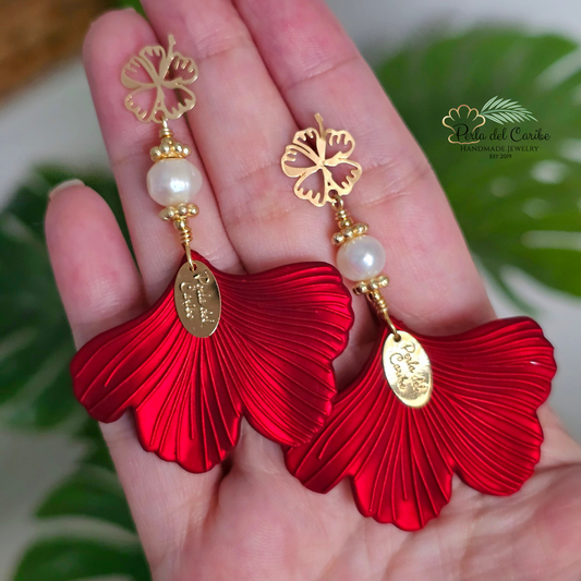 Red Metallic Hibiscus Earrings