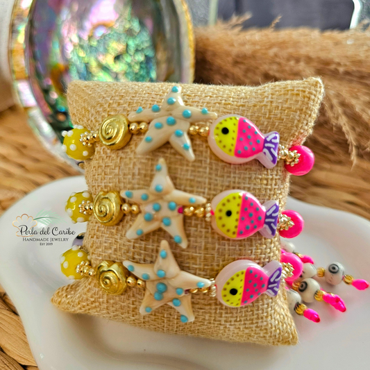 Beige Starfish & Neon Fish Bracelet