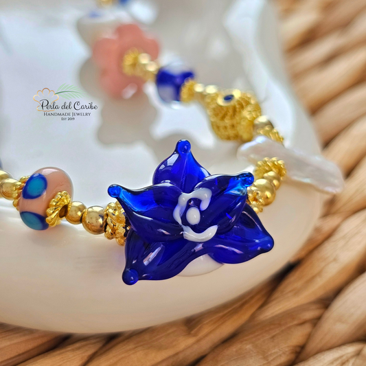 Royal Blue Orchid Murano Necklace