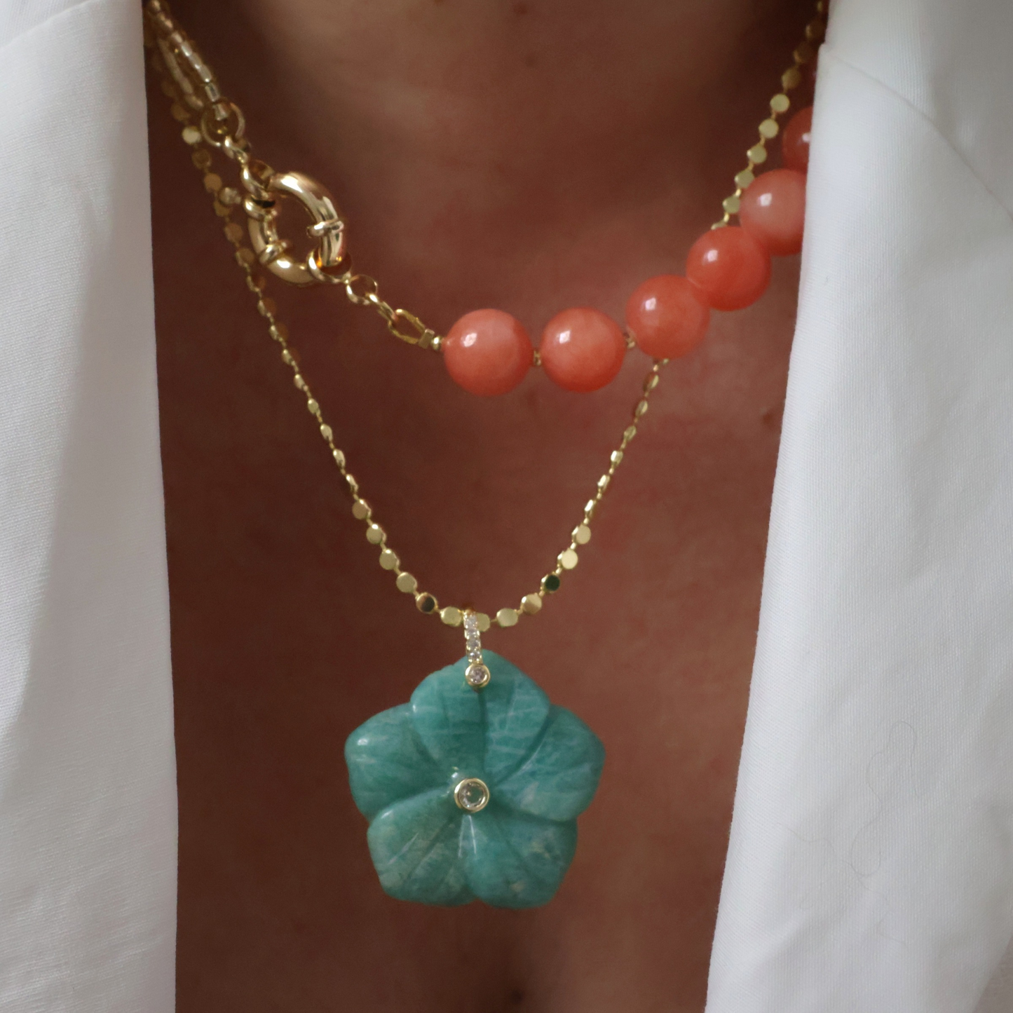 Coral Jade Beaded Necklace