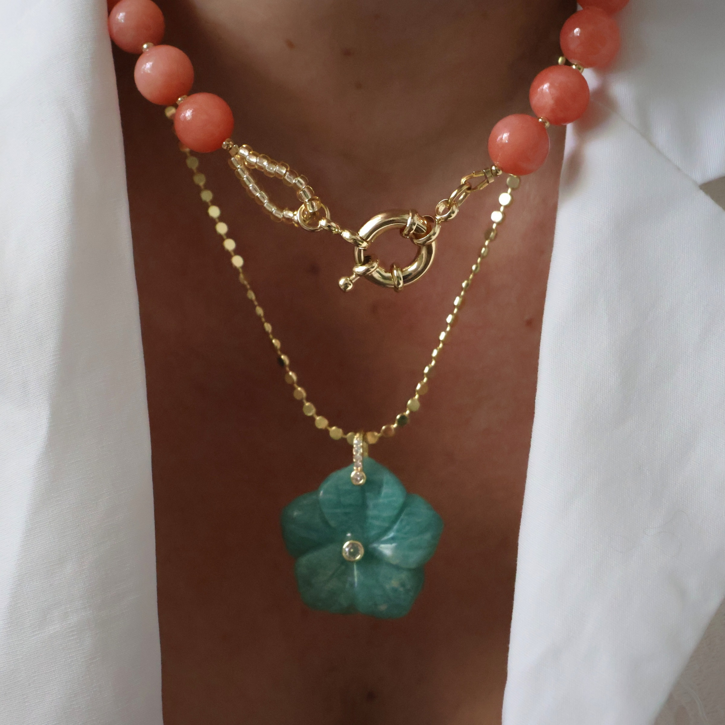 Coral Jade Beaded Necklace