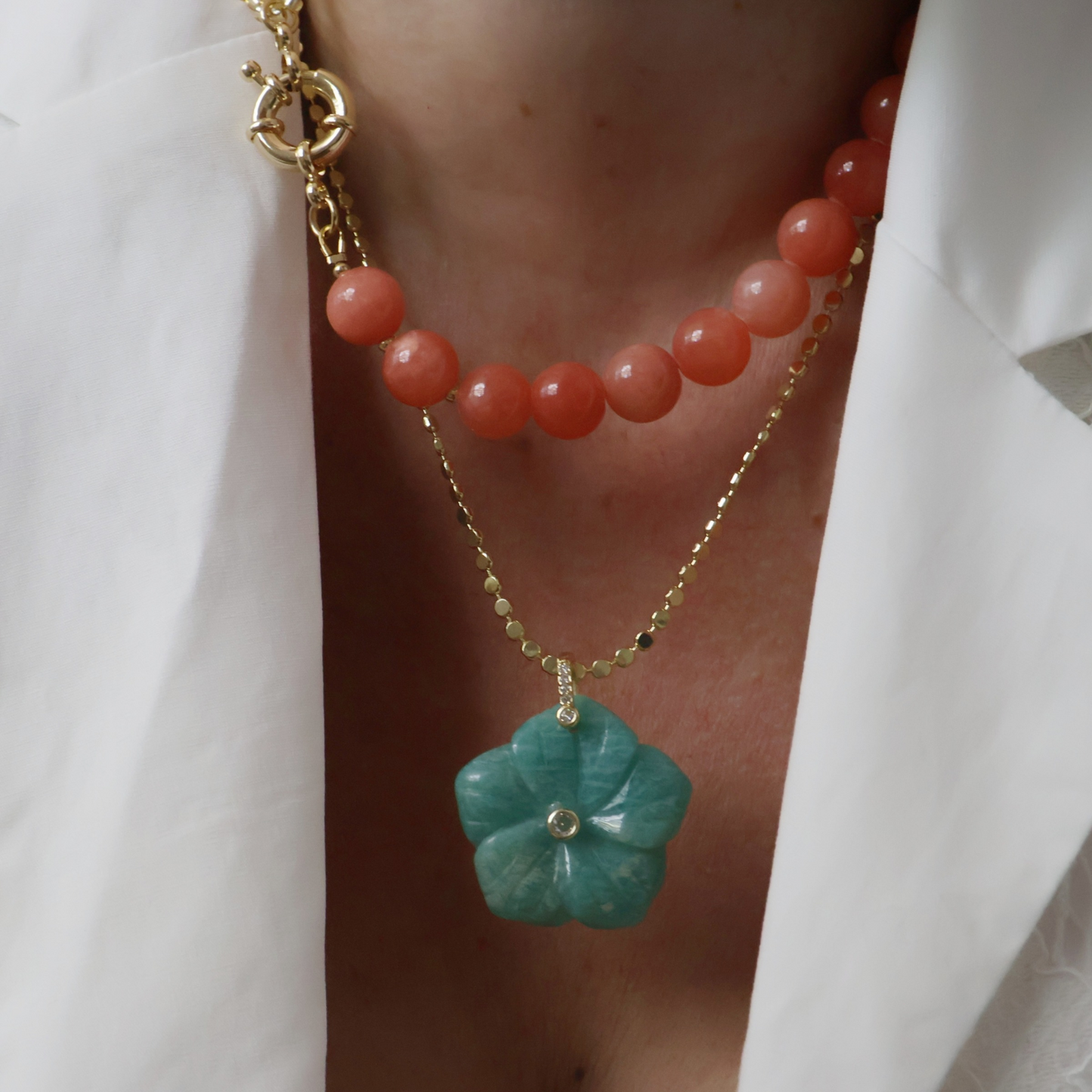 Coral Jade Beaded Necklace