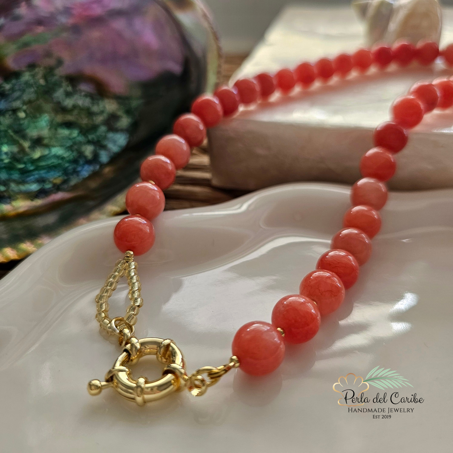 Coral Jade Beaded Necklace