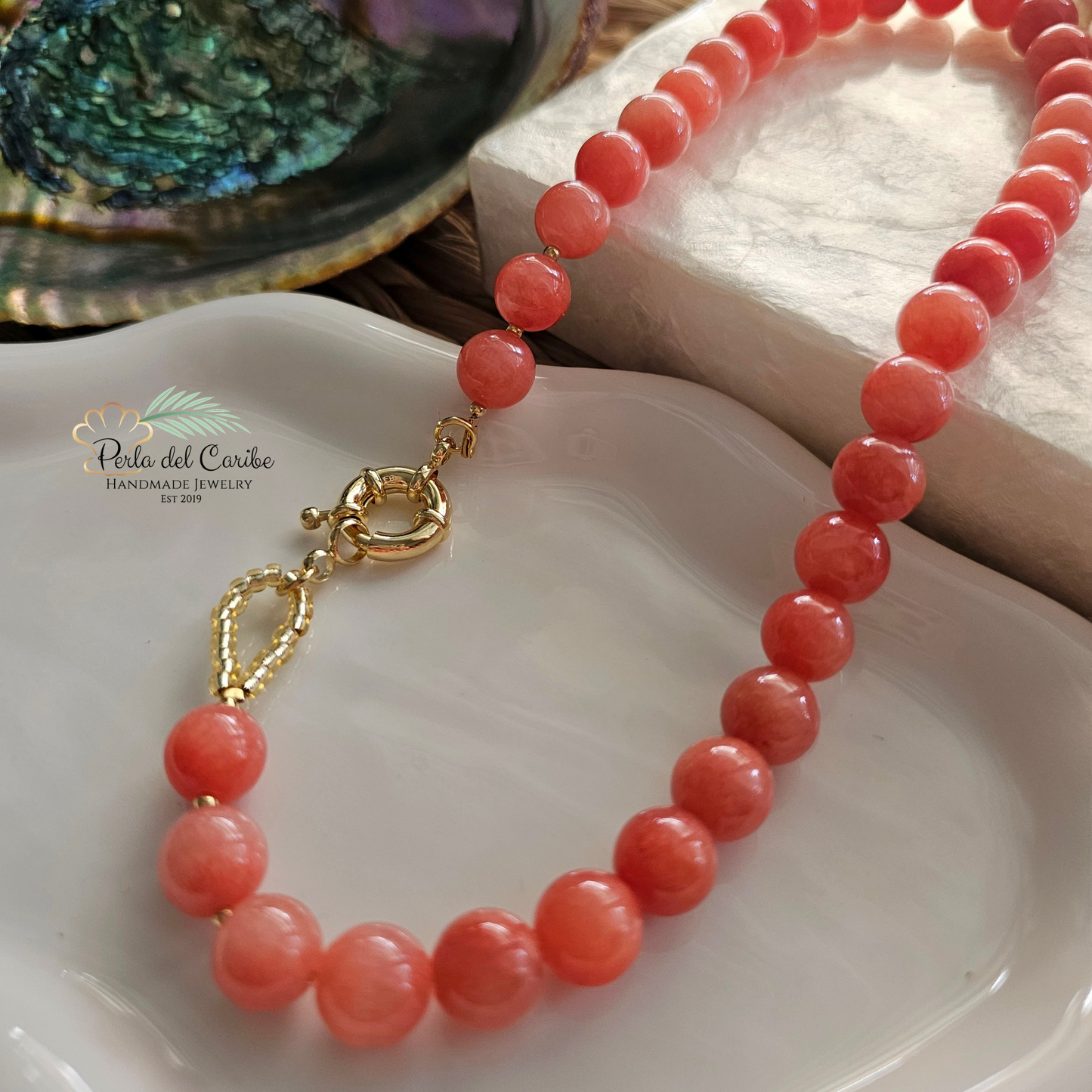 Coral Jade Beaded Necklace