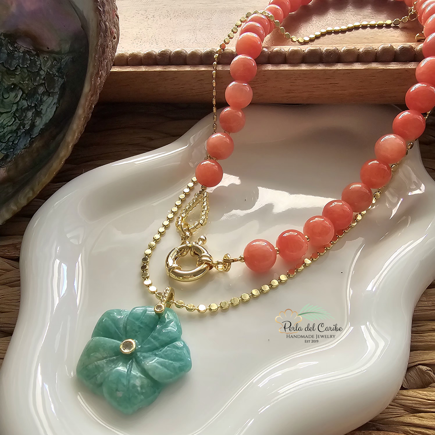 Coral Jade Beaded Necklace